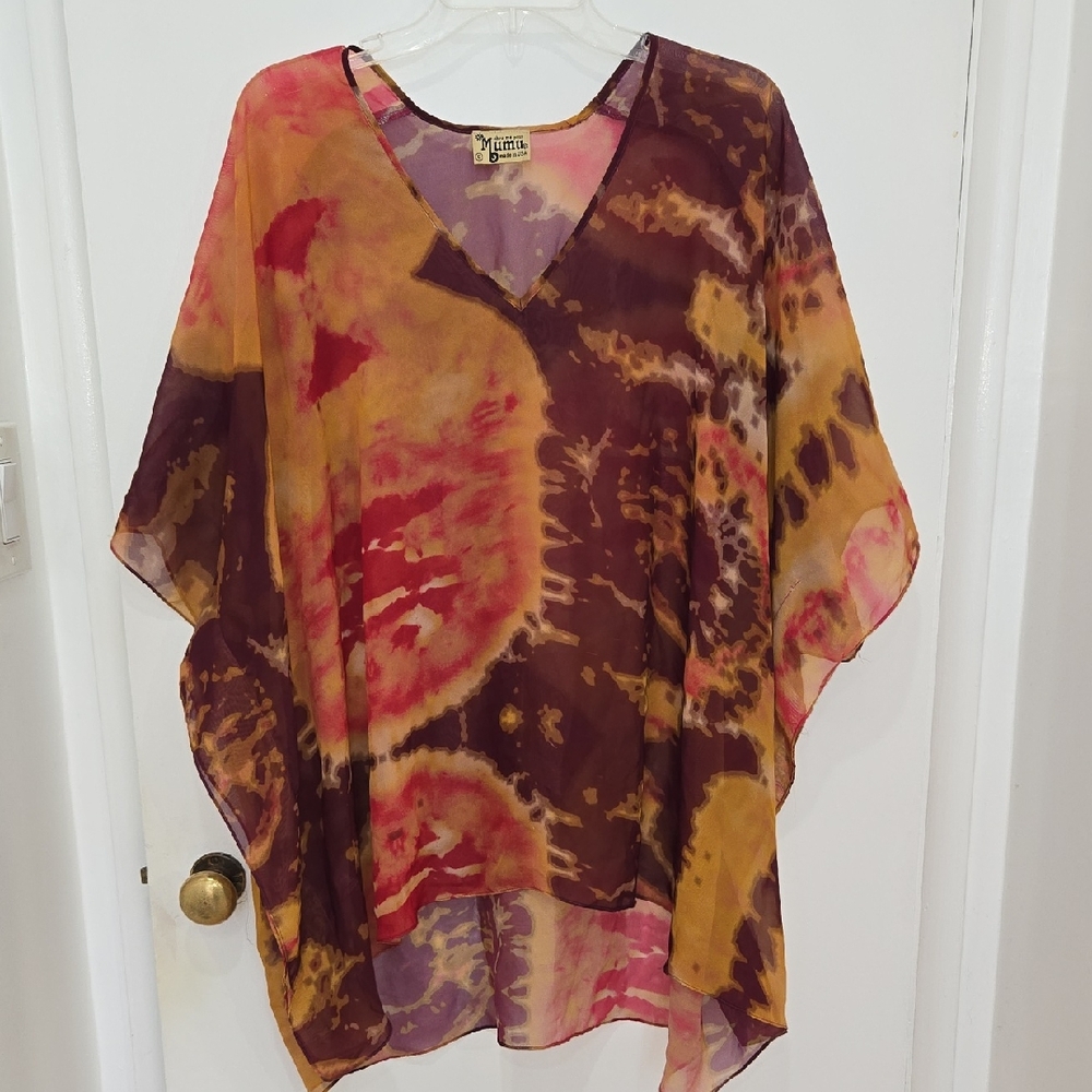 Show Me Your MuMu Oversize Tie Dye Blend Of Burgundy Yellow Red Sheer Boho Tunic